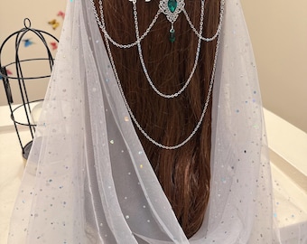 Bridal green Crystal Leaf Hair Comb, Draped Veil Headpiece