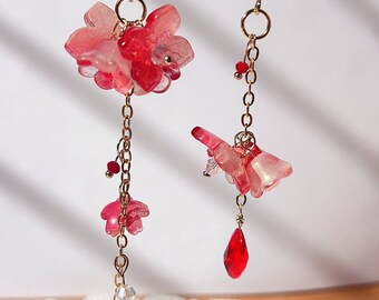 red Sakura Flower Earrings, Colorful Dangle Earrings, Elegant Floral Earrings, kawaii long earring, nature inspired fairy boho earrings