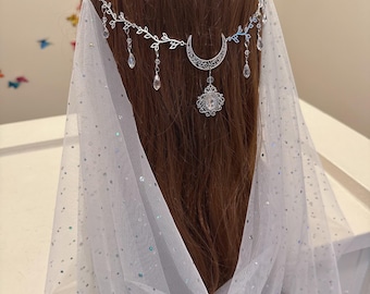 Bridal Crystal Leaf Hair Comb, Moon Wedding Headpiece with Veil elven hair decor