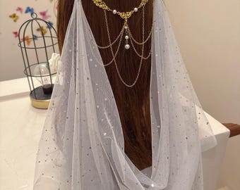 Bridal Leaf Hair Comb, Crystal Draped Veil, Gold Wedding Headpiece