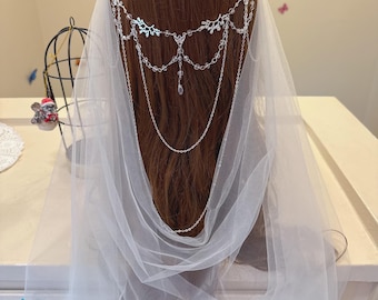 Bridal Crystal Leaf Hair Comb, Draped Wedding Veil, Silver Headpiece elven hair decor
