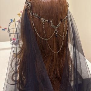 Bridal Gothic Moon Headpiece with Veil, Bronze Draped Hair Chain
