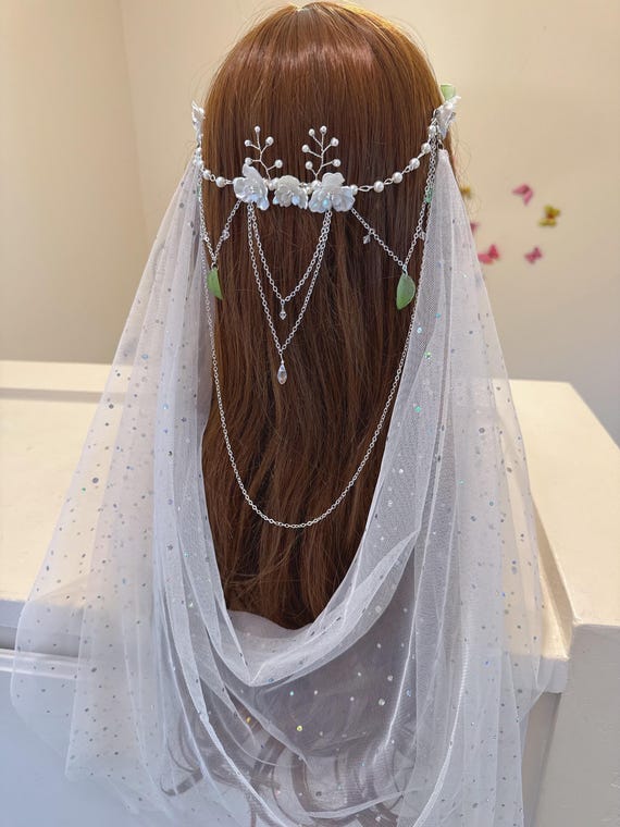 Elegant Silver Hair Comb with White Tulle Silver Ivory Fabric & Rhinestone Side Combs - Elegant Bridal  main image 3
