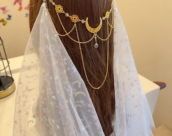 Bridal Gold Leaf Hair Comb, Crystal Wedding Draped Veil, Moon Headpiece