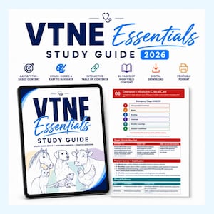 Könnte beinhalten: Ein digitales VTNE Essentials Study Guide 2026, bestehend aus einem Tablet mit einem Cover, das ein Pferd, einen Hund, eine Kuh, eine Katze, eine Eidechse und ein Huhn zeigt, sowie einer Seite zur Notfallmedizin und Intensivpflege.