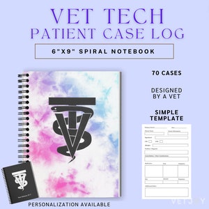 May include: A 6 by 9 inch spiral notebook with a tie-dye cover featuring a black and white veterinary symbol. The notebook is designed for veterinary technicians to log patient cases. The notebook has 70 pages and is designed by a veterinarian. The text "VET TECH PATIENT CASE LOG" is at the top of the image. The text "70 CASES DESIGNED BY A VET SIMPLE TEMPLATE" is on the right side of the image.