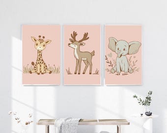 Boho Safari Kinderzimmer Drucke – Giraffe, Reh, Elefant 3-teiliges Set