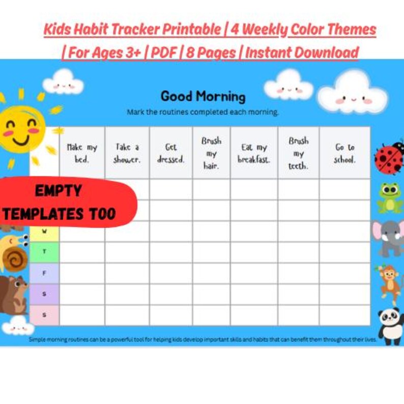 Kids Habit Tracker Printable | 4 Weekly Color Themes | for Ages 3 ...