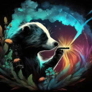 May include: A black and white badger with a colorful, swirling background. The badger is holding a small, glowing object in its paw.