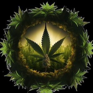 May include: A green cannabis leaf in the centre of a circle of green cannabis leaves. The leaf is in focus and the leaves around it are blurred. The background is a forest.