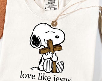Snoopy „Liebe wie Jesus“ (PNG), christliches T-Shirt-Design, Jesuskreuz (PNG), religiöser Sublimationsdruck, christlicher digitaler Download