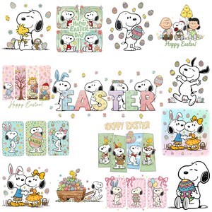 Pode incluir: Uma coleção de ilustrações coloridas com Snoopy e outros personagens de Peanuts celebrando a Páscoa. As imagens incluem Snoopy com ovos de Páscoa, pintinhos e a palavra "Easter". As ilustrações são em estilo de desenho animado.