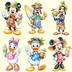 May include: A colorful illustration featuring Mickey Mouse, Pluto, Goofy, Daisy Duck, Donald Duck, and Minnie Mouse in tropical attire. They are wearing Hawaiian shirts, hats, and sunglasses, holding ice cream, a surfboard, and tropical drinks. The characters are smiling and giving peace signs.