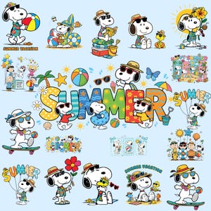 以下が含まれることがあります： 様々な夏のシーンに登場するスヌーピーのイラスト集。スヌーピーはサングラスと麦わら帽子を着用し、ビーチボールを持ったり、読書をしたり、スケートボードをしたりしています。「SUMMER」の文字が大きく表示され、その他にも夏をテーマにしたグラフィックが描かれています。
