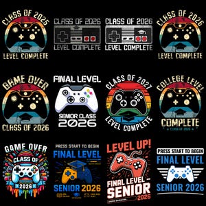 以下が含まれることがあります： 卒業をテーマにしたデザインのコレクションで、ビデオゲームのコントローラーとテキストが特徴です。「Class of 2025」、「Level Complete」、「Game Over」、「Final Level」などのフレーズが含まれています。カラーパレットは黒、赤、青、黄色です。