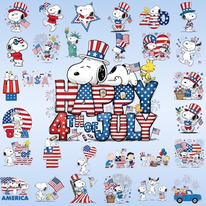 May include: A vibrant illustration featuring Snoopy and Woodstock celebrating the 4th of July. The design includes Snoopy in patriotic outfits, American flags, fireworks, and the text "Happy 4th of July" in red, white, and blue.