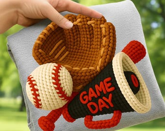 Faux Yarn Baseball Game Day PNG Bundle: Retro Crochet Sports Sublimation Design, Hoop Knitting Digital Download