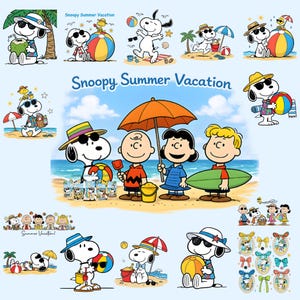 May include: A collection of images featuring Snoopy and the Peanuts characters on a summer holiday. Snoopy is shown with sunglasses, beach balls, and parasols. The words "Snoopy Summer Vacation" are written across the top.