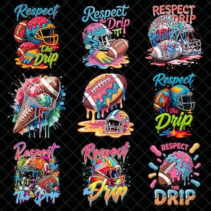 Puede incluir: Una colección de diseños de arte digital coloridos con balones de fútbol americano y cascos con un efecto de goteo de helado derretido. La frase "Respect the Drip" está incluida en cada diseño, con colores vibrantes y un fondo negro.
