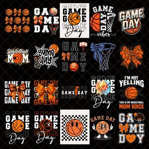 May include: A collection of basketball-themed designs featuring basketballs, bows, and text. The designs include phrases like "Game Day," "Basketball Mom," and "I'm Not Yelling." The color palette includes orange, white, and black.