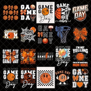 May include: A collection of basketball-themed designs featuring basketballs, bows, and text. Designs include the phrases "Game Day," "Basketball Mom," and "I'm Not Yelling." The color palette includes orange, black, and white.