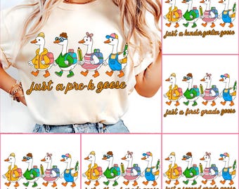 Paquete PNG de ganso de regreso a clases, diseño de camiseta para el primer día de clases de maestra coqueta, sublimación floral preppy, preescolar, 1.º, 2.º, 3.º y 4.º grado