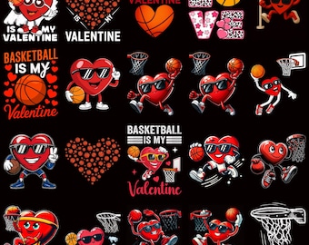 Paquete PNG de baloncesto para San Valentín, Diseños de baloncesto para San Valentín, PNG de baloncesto con un corazón adorable, Set de sublimación de deportes para San Valentín