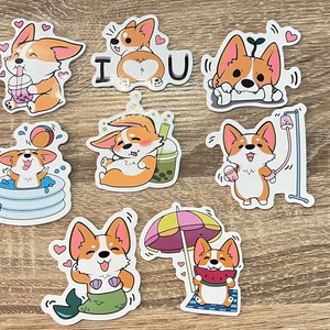 Cute Die-cut Vinyl Corgi Stickers, Boba, Summer, Cute Corgis, Waterproof