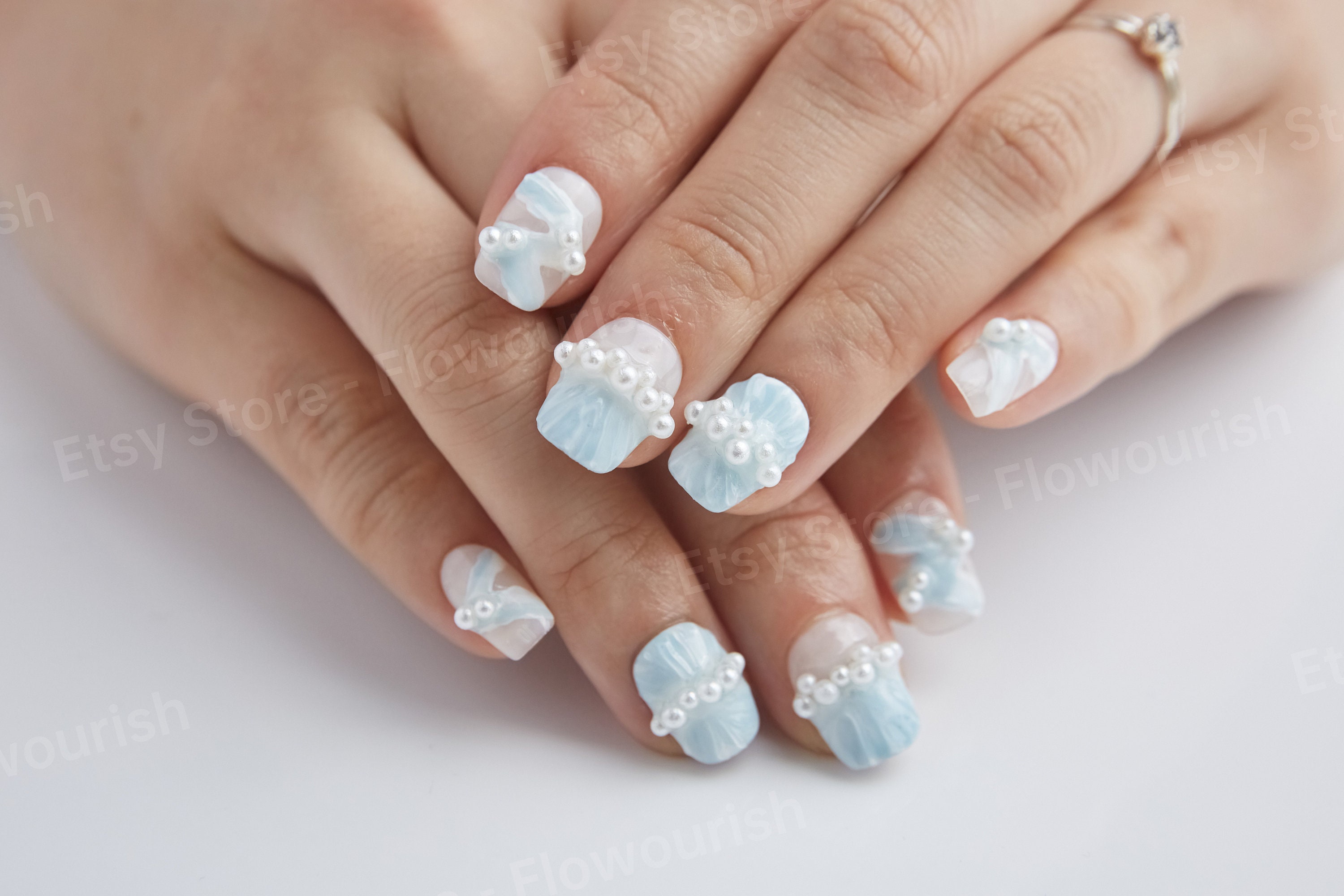 Acrylic Short Nails with 3D Pearls