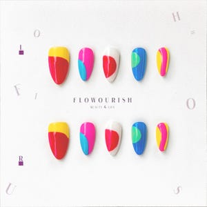 Vibrant Bold Contrasting Color Blocks Geometric Pattern Short Almond Shape Press On Nails ~ Artistic Playful Vibe Vacation Nail Design