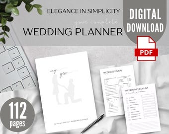 Puede incluir: Un planificador de bodas digital de 112 páginas, con una silueta de una pareja que se compromete. El planificador incluye secciones para la visión de la boda, la lista de verificación y otros detalles. El texto "Elegancia en la simplicidad" y "Tu planificador de bodas completo" se muestra en la parte superior de la imagen.