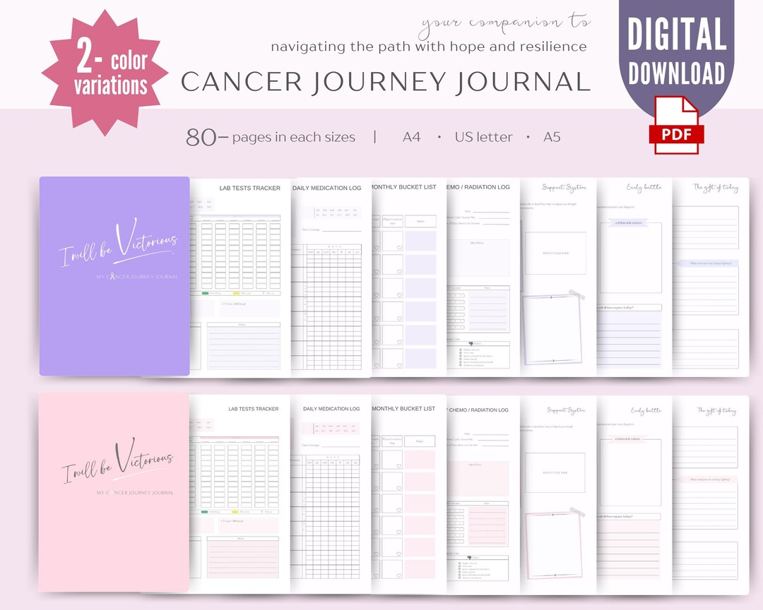 Cancer Journey Journal Printable Planner for Self-Care and Reflection | Treatment Tracker Chemo Care Cancer Patient Gift Caregiver Journal
