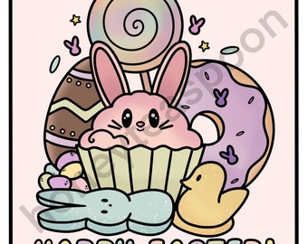 Easter Coloring Page | JPEG | Digital Download | Kawaii Coloring for Kids and Adults | Cute Sweet Treats | Bunny Cupcake