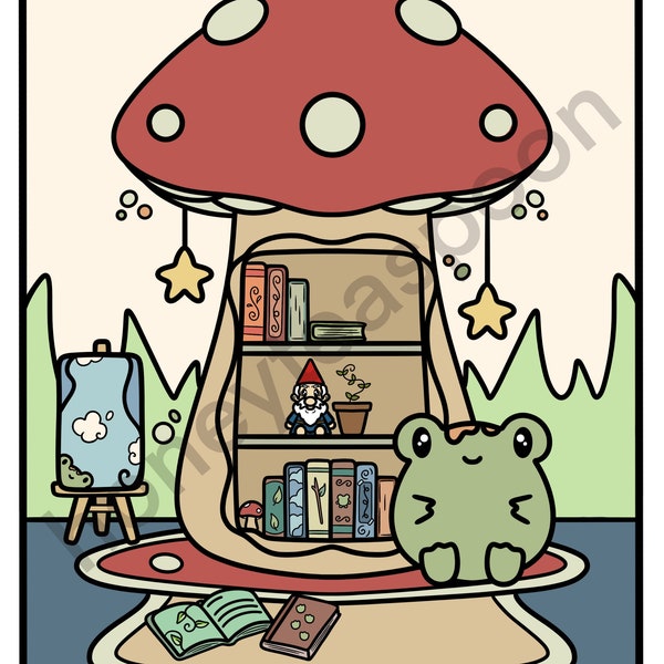 Blip’s Book Nook Coloring Page | JPEG | Digital Download | Cute Cozy Frog Coloring for Kids and Adults | Kawaii Mushroom Art