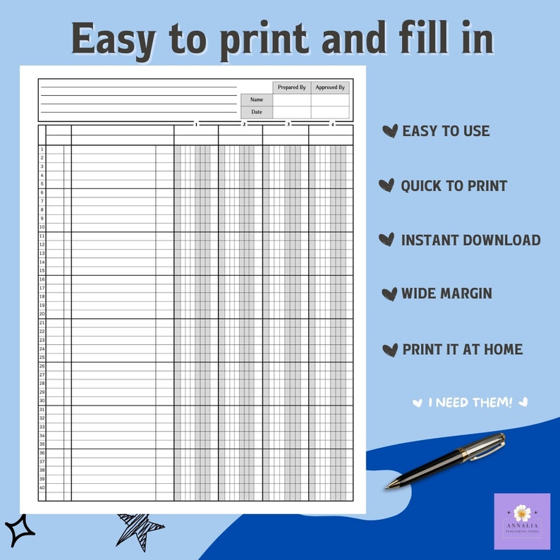 4 Column Accounting Ledger Printable Column Paper/ PDF Files, US Letter ...