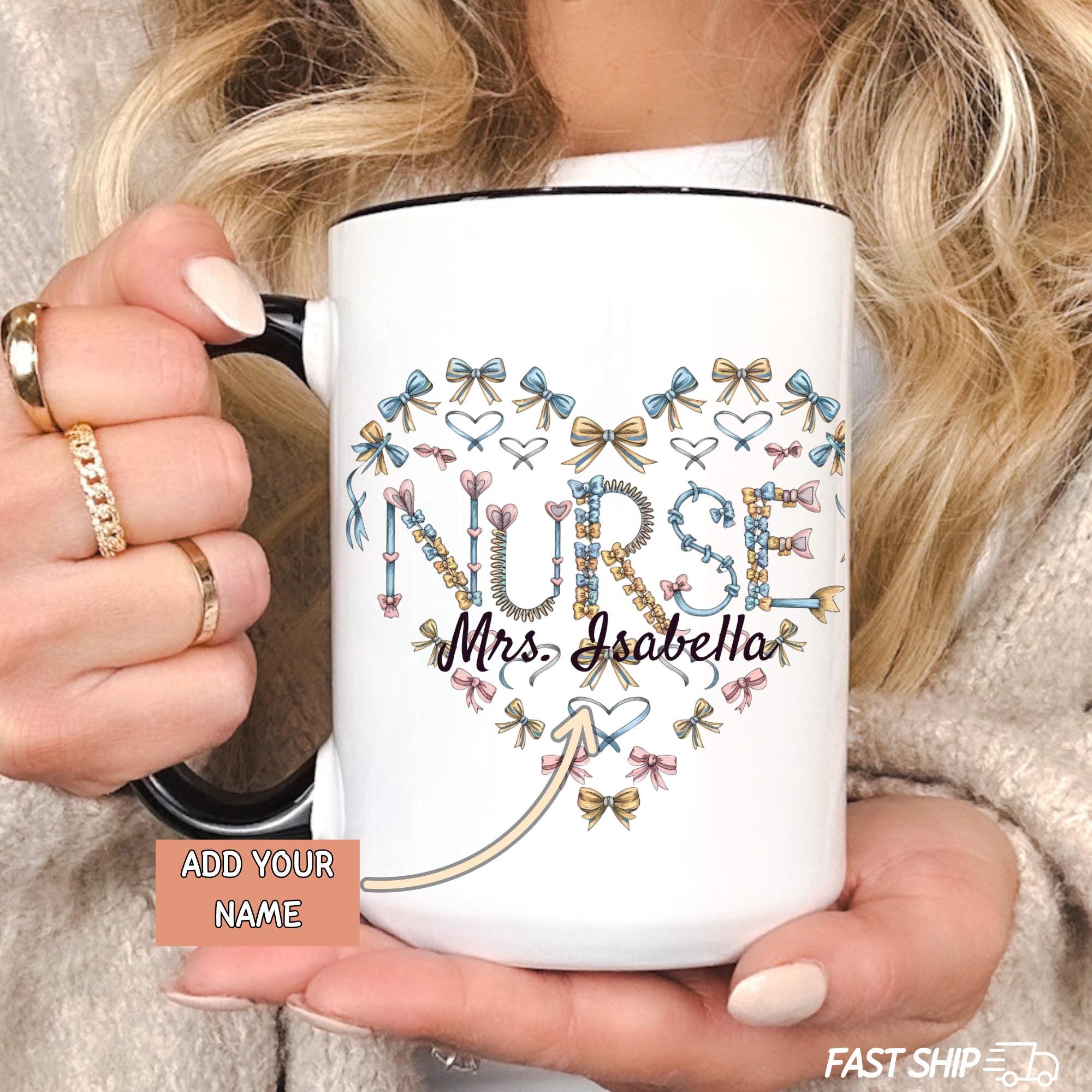 Personalized Nurse Mug – Custom Name Coffee Cup with Heart & Bow Design, Unique Nurse Appreciation Gift, Perfect for Graduation