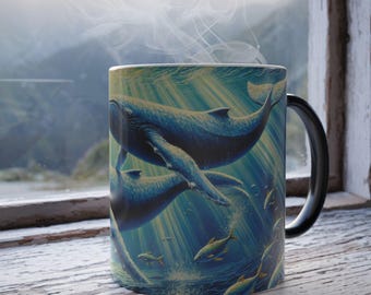 Ocean Blue Whale Magic Mug, Underwater Marine Life Scene with Humpback Whales, Whale lover gift, Heat-Sensitive Mug with Whale Illustration