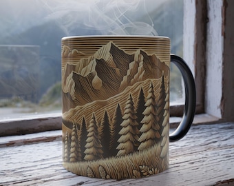 Rustic Trees and Mountain Range Mug, Nature Lover Gift, Outdoorsy Coffee Mug, Camping Vibes Drinkware, Mountain Scene Ceramic Cup