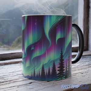 Nordlichter Kaffeetasse, Aurora Borealis Keramiktasse, Geschenk für Sterngucker und Naturliebhaber, Bunte Aurora Kaffeetasse, Kosmische Landschaft