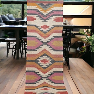 Handwoven Wool Jute Kilim Runner Rug: Oriental Indian Decor