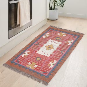 Indian Handmade wool jute kilim rug, Bohemian Kilim area rug, Home decor rugs, rugs for living room, dining room kilim rugs.