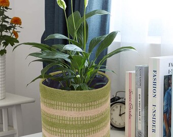 Handwoven Jute Basket, Mustard & Natural Stripe, Boho Plant Pot Cover
