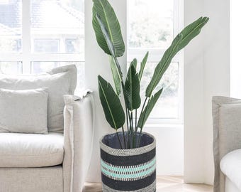 Handwoven Jute Basket with Black Stripes: Boho Planter & Storage