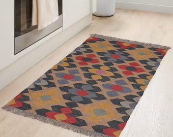 Handwoven Wool Jute Kilim Rug: Traditional Indian Dhurrie