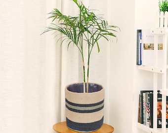 Handmade Jute & Wool Basket: Modern Black Striped Storage Bin