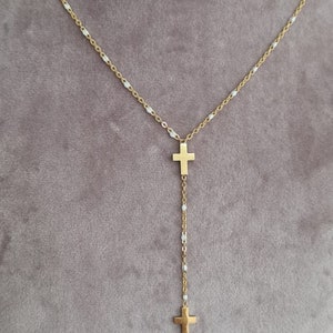 Collier bracelet acier inoxydable Élégante double croix chrétienne doré image 9