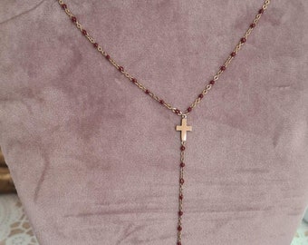 Collier acier inoxydable Élégante double croix chrétienne doré bordeaux