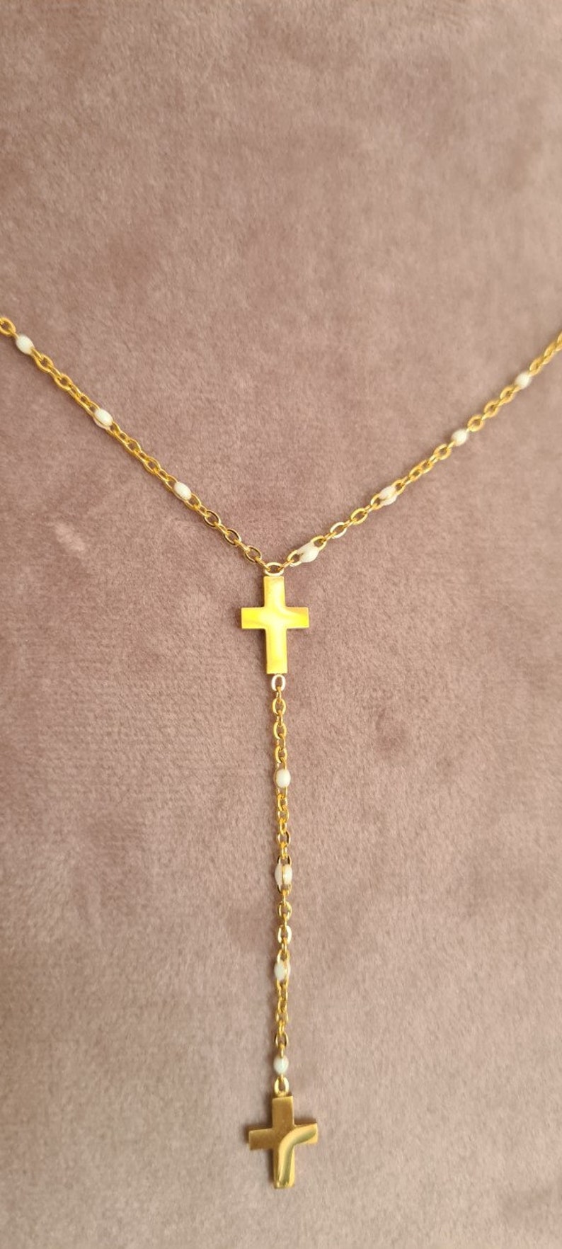 Collier bracelet acier inoxydable Élégante double croix chrétienne doré image 5