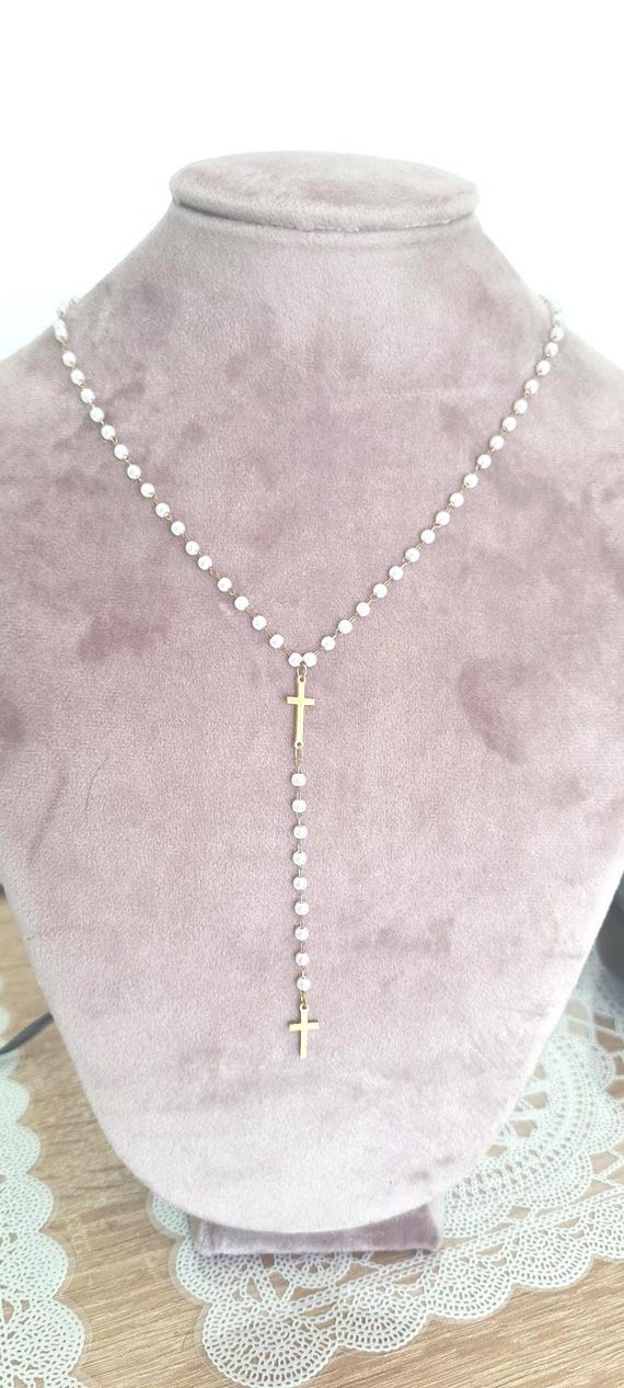 Custom4U Collana Con Perle Del Rosario E Ciondolo Croce Personalizzabile Con Foto E Testo, In Acciaio Inossidabile, Catena Regolabile, Gioiello Religioso - 2