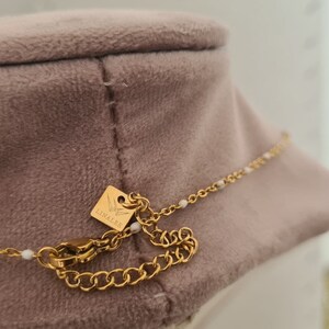 Peut inclure: Un collier en cha&icirc;ne dor&eacute;e avec une petite &eacute;tiquette carr&eacute;e indiquant "Stainless Steel". Le collier est sur un pr&eacute;sentoir en velours marron.